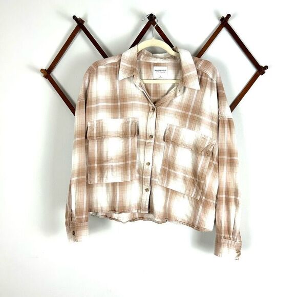 ABERCROMBIE & FITCH Cropped Flannel Long Sleeve Top Size Large EUC M411 - Picture 2 of 5